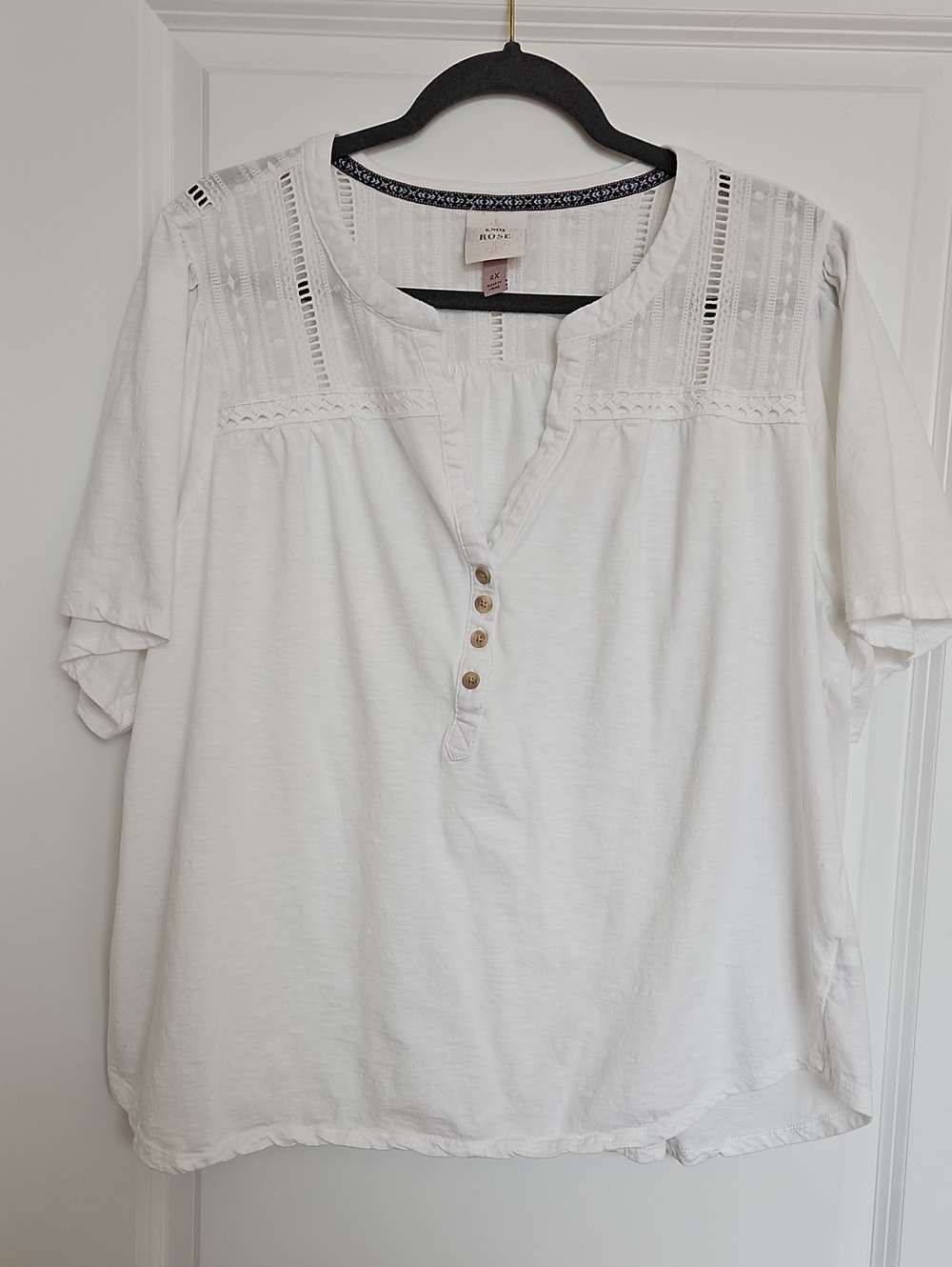 Knox Rose White Cotton Henley with Lace Yoke